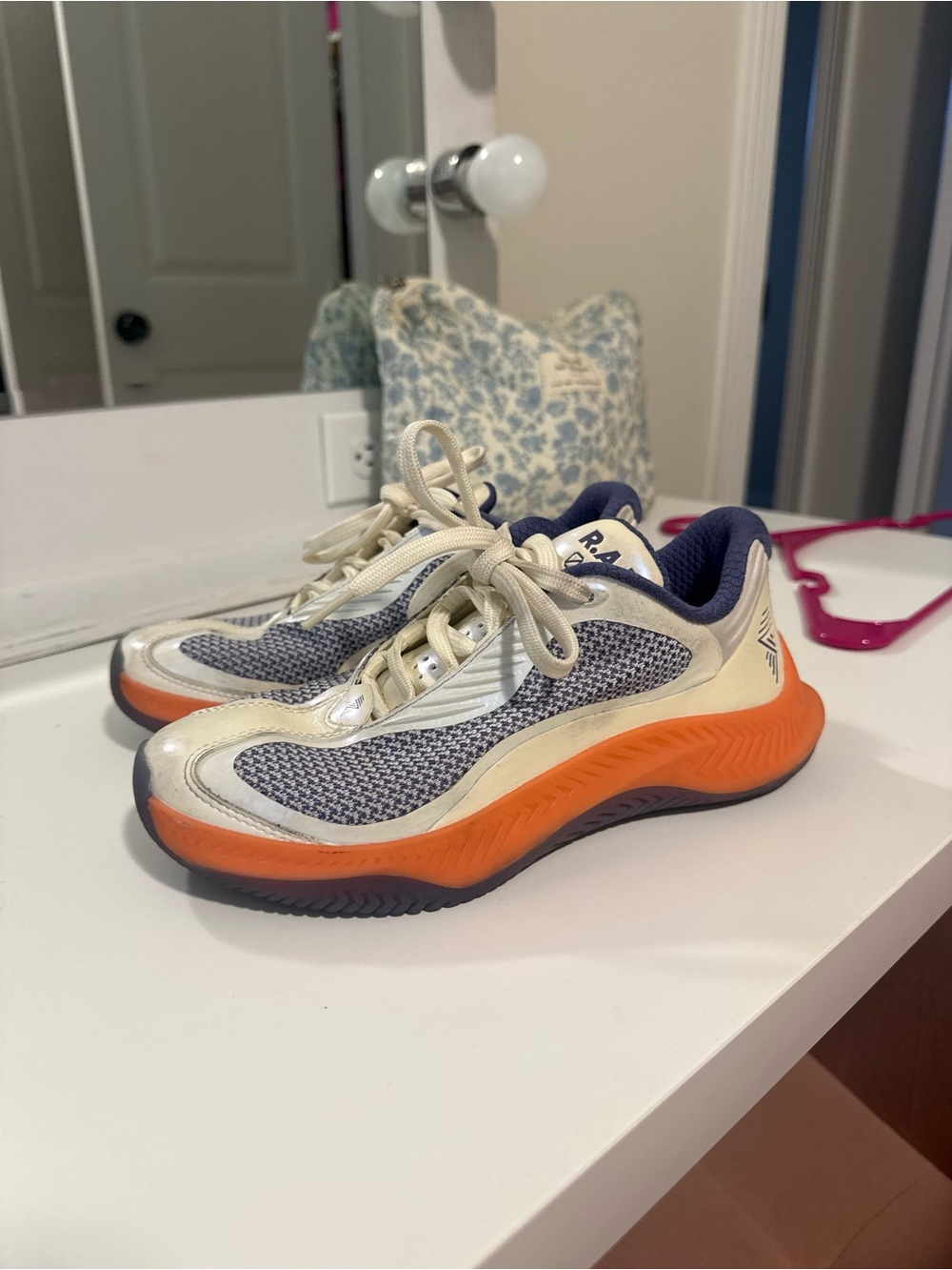 Women’s Athletic Sneakers in Cream, Navy & Orange - Lightweight Running Shoes